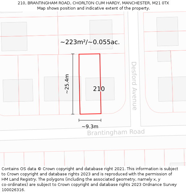 210, BRANTINGHAM ROAD, CHORLTON CUM HARDY, MANCHESTER, M21 0TX: Plot and title map