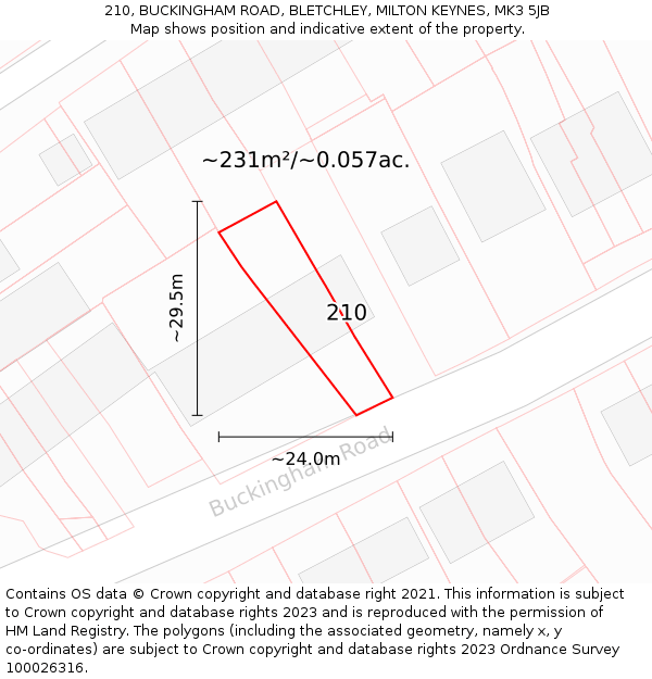 210, BUCKINGHAM ROAD, BLETCHLEY, MILTON KEYNES, MK3 5JB: Plot and title map