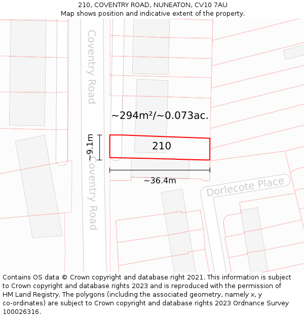 210, COVENTRY ROAD, NUNEATON, CV10 7AU: Plot and title map
