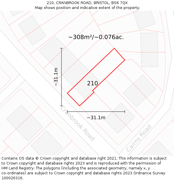 210, CRANBROOK ROAD, BRISTOL, BS6 7QX: Plot and title map