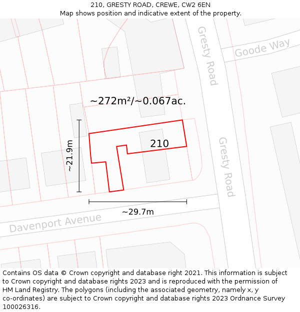 210, GRESTY ROAD, CREWE, CW2 6EN: Plot and title map