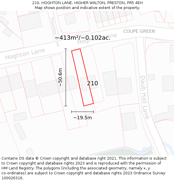 210, HOGHTON LANE, HIGHER WALTON, PRESTON, PR5 4EH: Plot and title map