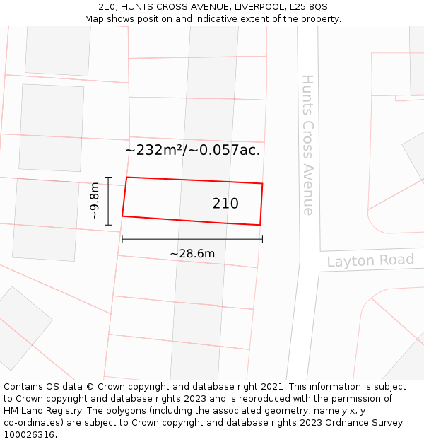 210, HUNTS CROSS AVENUE, LIVERPOOL, L25 8QS: Plot and title map