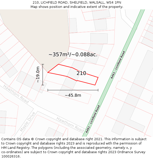 210, LICHFIELD ROAD, SHELFIELD, WALSALL, WS4 1PN: Plot and title map