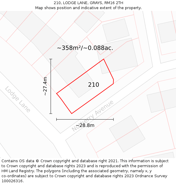 210, LODGE LANE, GRAYS, RM16 2TH: Plot and title map
