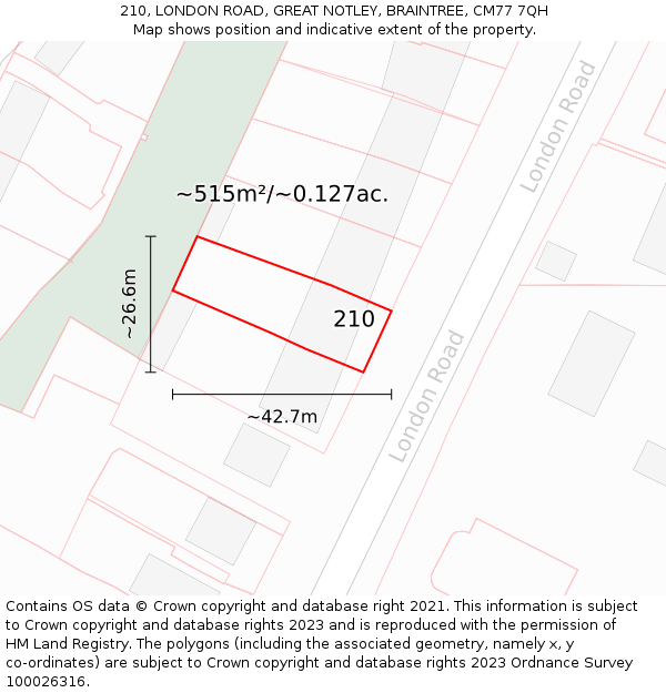 210, LONDON ROAD, GREAT NOTLEY, BRAINTREE, CM77 7QH: Plot and title map