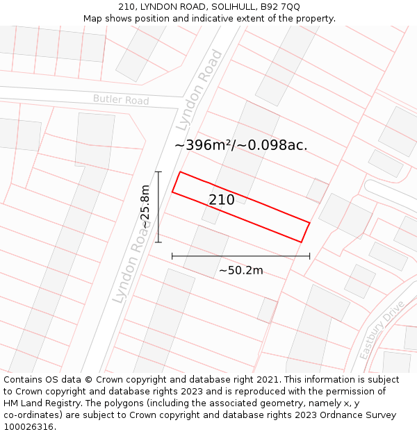 210, LYNDON ROAD, SOLIHULL, B92 7QQ: Plot and title map