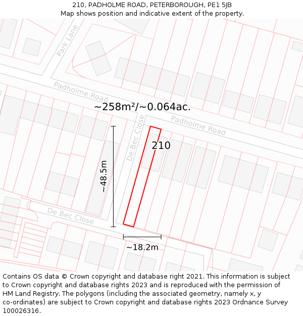 210, PADHOLME ROAD, PETERBOROUGH, PE1 5JB: Plot and title map