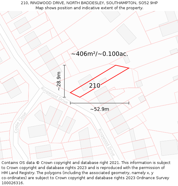 210, RINGWOOD DRIVE, NORTH BADDESLEY, SOUTHAMPTON, SO52 9HP: Plot and title map
