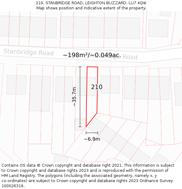210, STANBRIDGE ROAD, LEIGHTON BUZZARD, LU7 4QW: Plot and title map