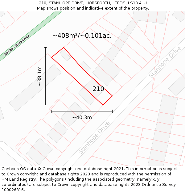 210, STANHOPE DRIVE, HORSFORTH, LEEDS, LS18 4LU: Plot and title map