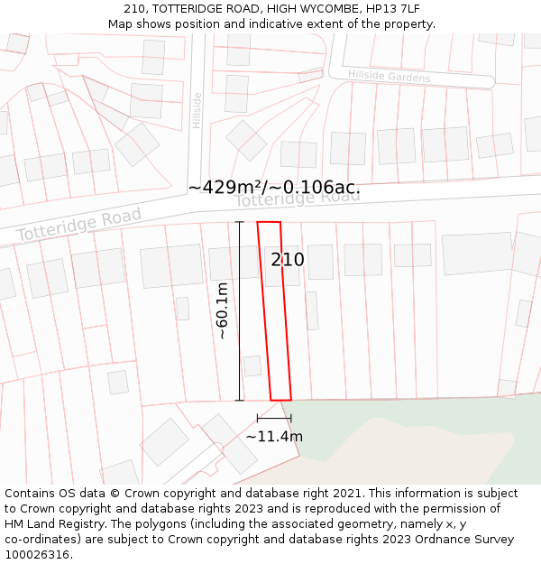 210, TOTTERIDGE ROAD, HIGH WYCOMBE, HP13 7LF: Plot and title map