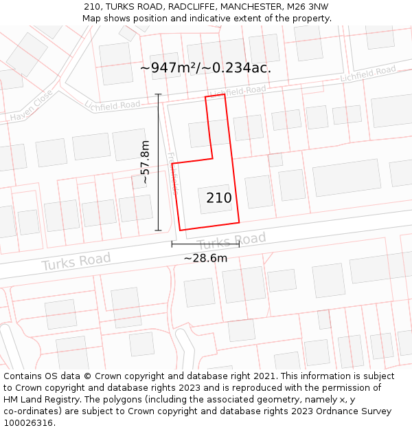 210, TURKS ROAD, RADCLIFFE, MANCHESTER, M26 3NW: Plot and title map