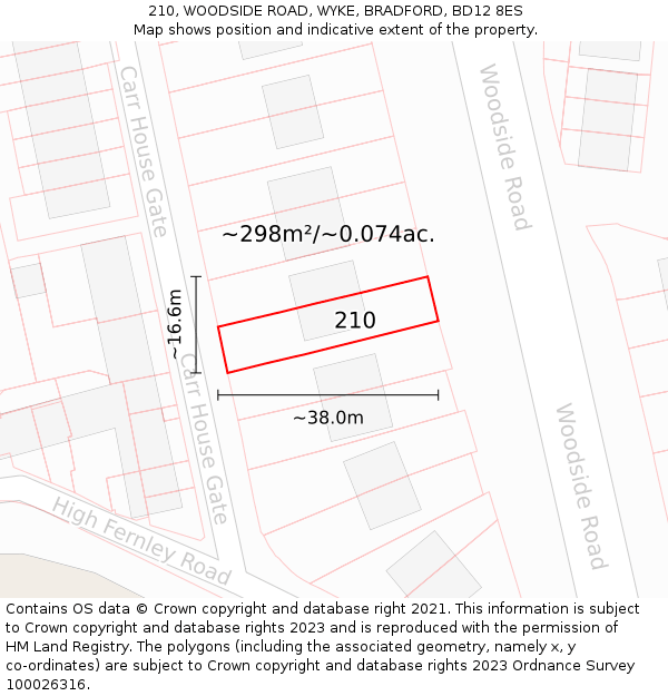 210, WOODSIDE ROAD, WYKE, BRADFORD, BD12 8ES: Plot and title map