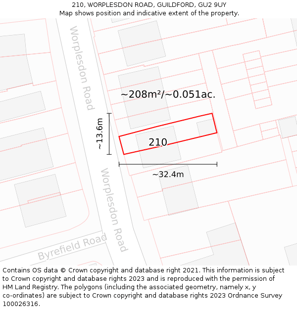 210, WORPLESDON ROAD, GUILDFORD, GU2 9UY: Plot and title map