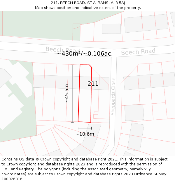 211, BEECH ROAD, ST ALBANS, AL3 5AJ: Plot and title map