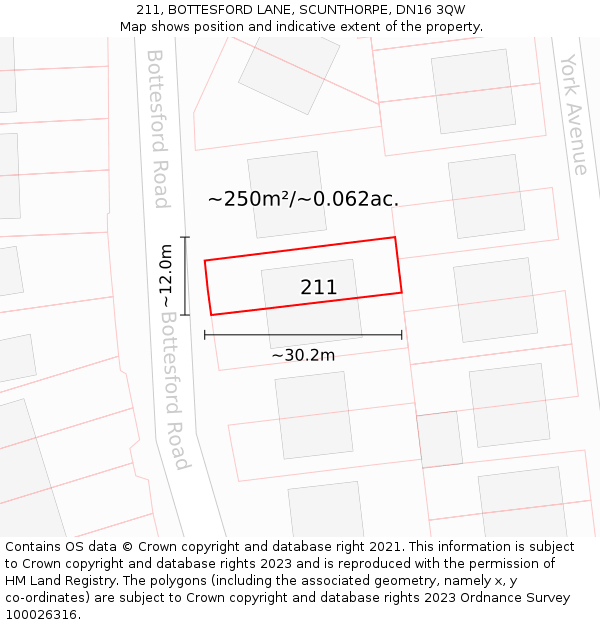 211, BOTTESFORD LANE, SCUNTHORPE, DN16 3QW: Plot and title map