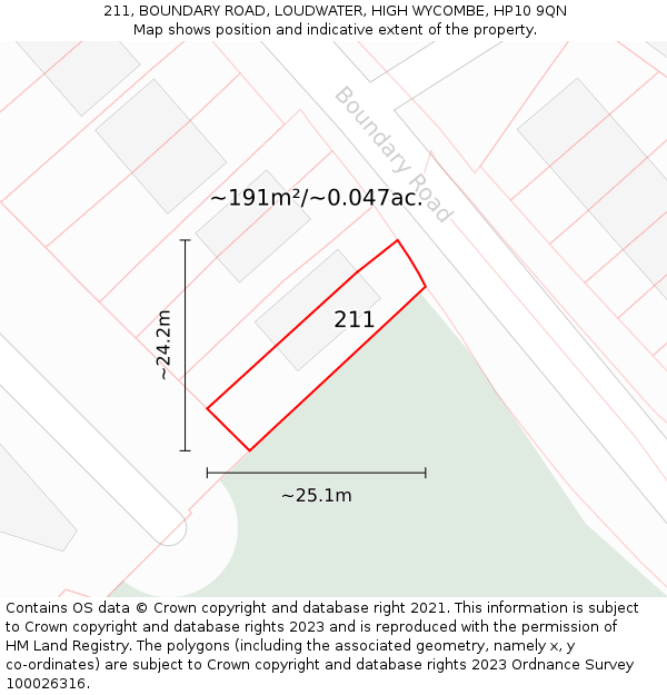211, BOUNDARY ROAD, LOUDWATER, HIGH WYCOMBE, HP10 9QN: Plot and title map