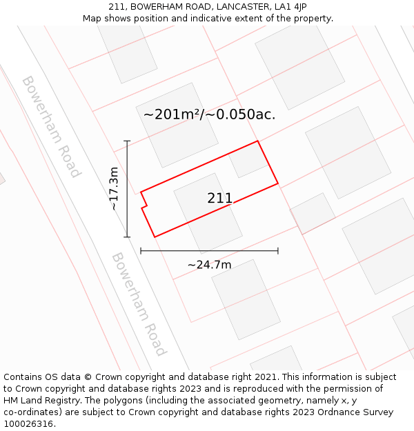 211, BOWERHAM ROAD, LANCASTER, LA1 4JP: Plot and title map