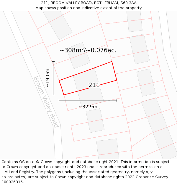 211, BROOM VALLEY ROAD, ROTHERHAM, S60 3AA: Plot and title map