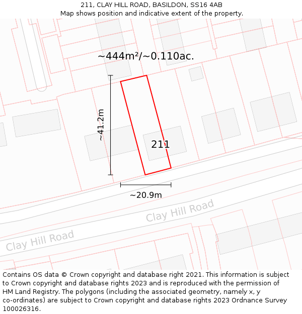 211, CLAY HILL ROAD, BASILDON, SS16 4AB: Plot and title map