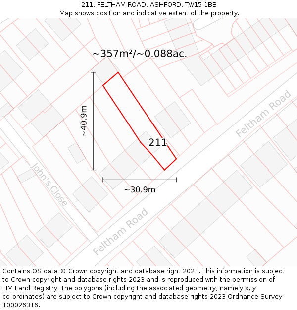 211, FELTHAM ROAD, ASHFORD, TW15 1BB: Plot and title map