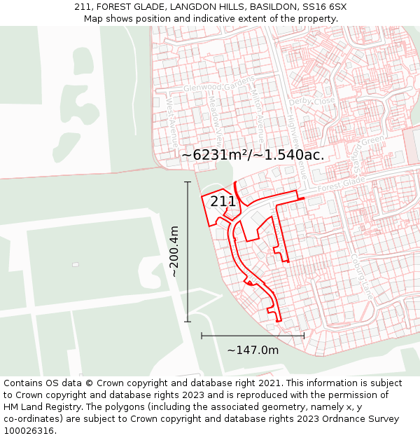 211, FOREST GLADE, LANGDON HILLS, BASILDON, SS16 6SX: Plot and title map