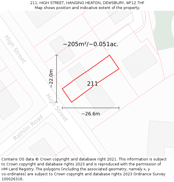 211, HIGH STREET, HANGING HEATON, DEWSBURY, WF12 7HF: Plot and title map