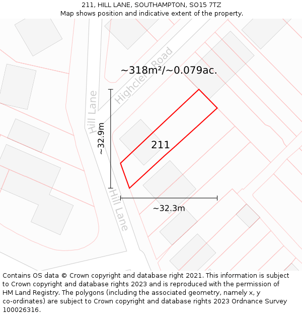 211, HILL LANE, SOUTHAMPTON, SO15 7TZ: Plot and title map