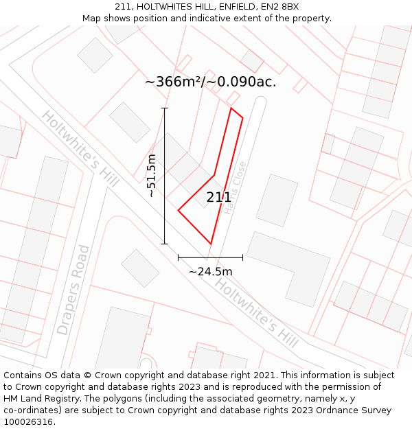 211, HOLTWHITES HILL, ENFIELD, EN2 8BX: Plot and title map