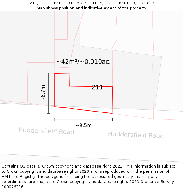 211, HUDDERSFIELD ROAD, SHELLEY, HUDDERSFIELD, HD8 8LB: Plot and title map