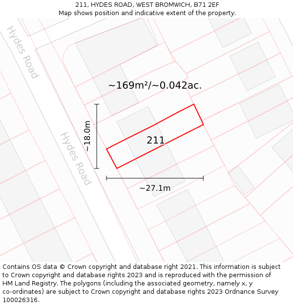 211, HYDES ROAD, WEST BROMWICH, B71 2EF: Plot and title map
