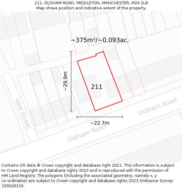 211, OLDHAM ROAD, MIDDLETON, MANCHESTER, M24 2LB: Plot and title map