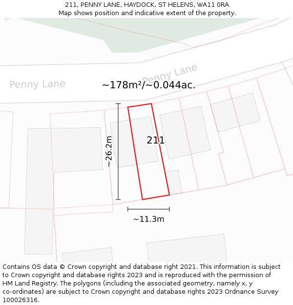211, PENNY LANE, HAYDOCK, ST HELENS, WA11 0RA: Plot and title map