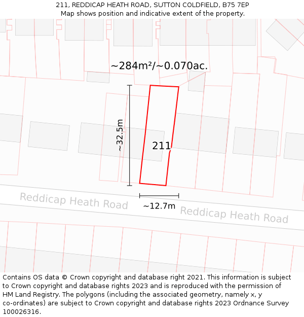 211, REDDICAP HEATH ROAD, SUTTON COLDFIELD, B75 7EP: Plot and title map