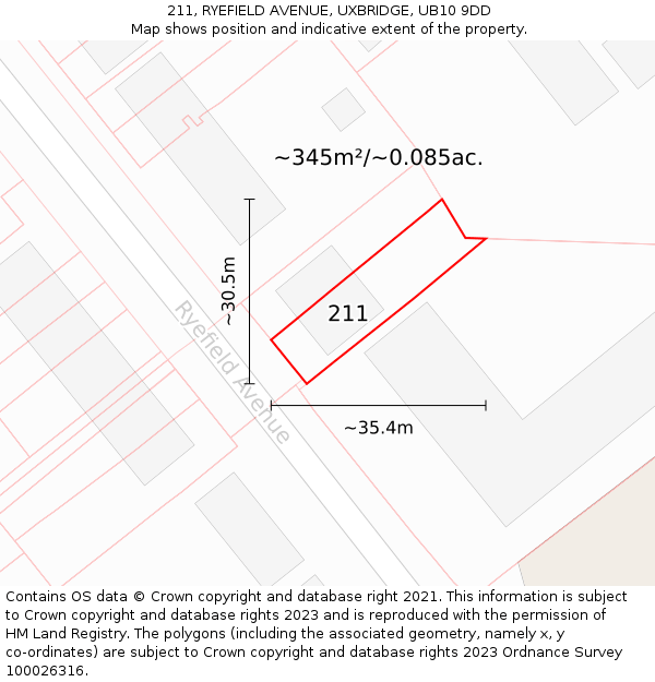 211, RYEFIELD AVENUE, UXBRIDGE, UB10 9DD: Plot and title map