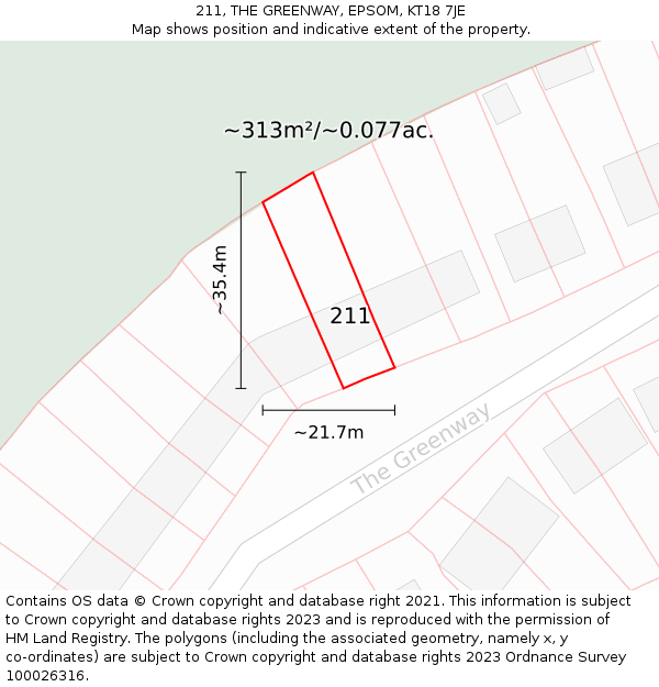 211, THE GREENWAY, EPSOM, KT18 7JE: Plot and title map