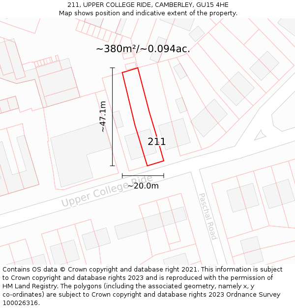 211, UPPER COLLEGE RIDE, CAMBERLEY, GU15 4HE: Plot and title map