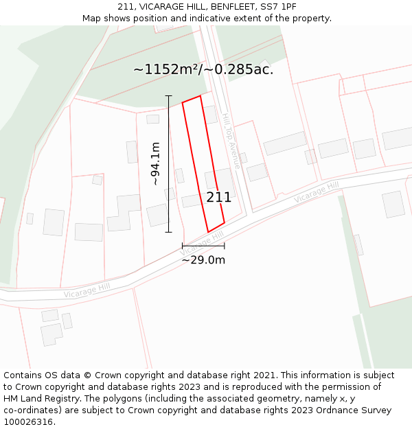 211, VICARAGE HILL, BENFLEET, SS7 1PF: Plot and title map
