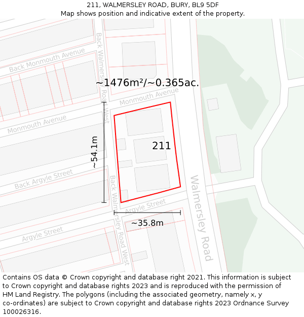211, WALMERSLEY ROAD, BURY, BL9 5DF: Plot and title map