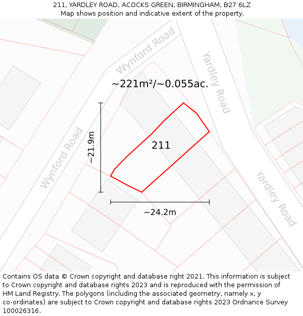 211, YARDLEY ROAD, ACOCKS GREEN, BIRMINGHAM, B27 6LZ: Plot and title map