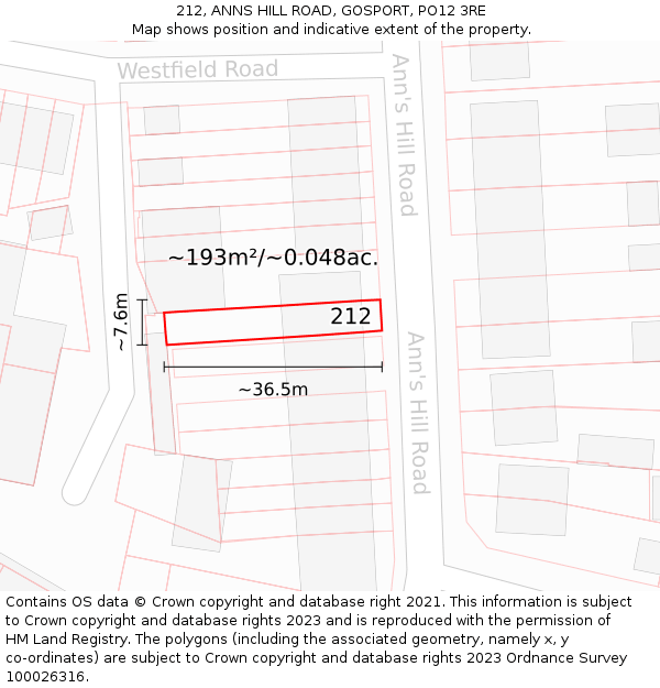 212, ANNS HILL ROAD, GOSPORT, PO12 3RE: Plot and title map