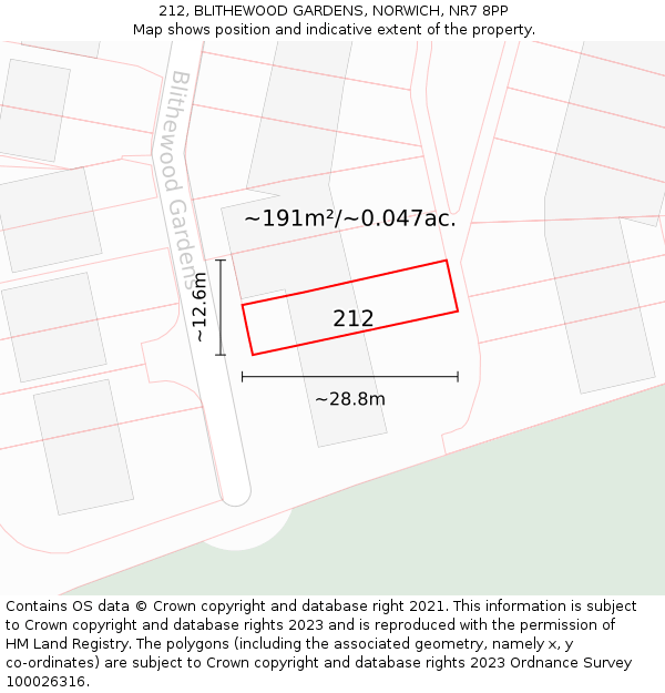 212, BLITHEWOOD GARDENS, NORWICH, NR7 8PP: Plot and title map