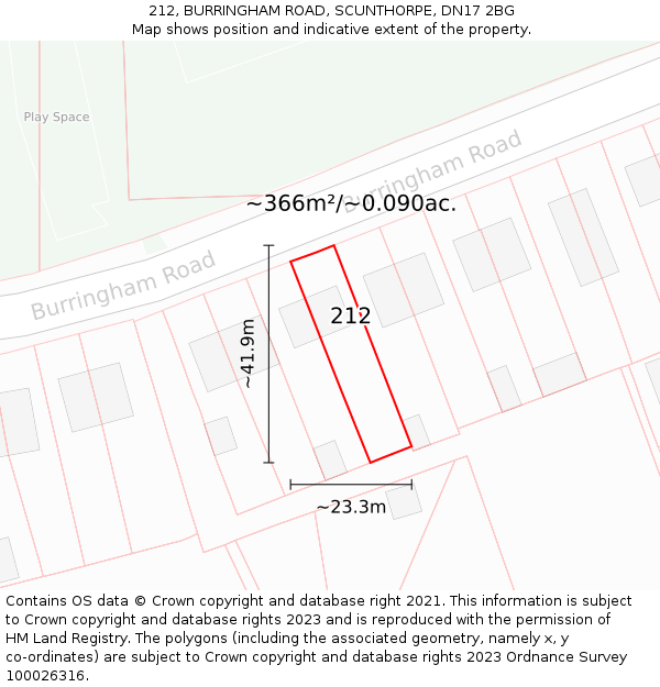 212, BURRINGHAM ROAD, SCUNTHORPE, DN17 2BG: Plot and title map