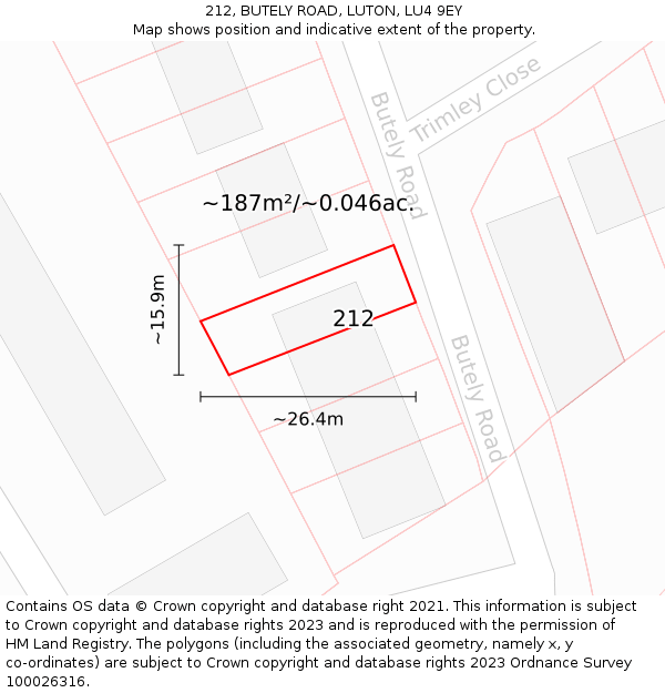 212, BUTELY ROAD, LUTON, LU4 9EY: Plot and title map