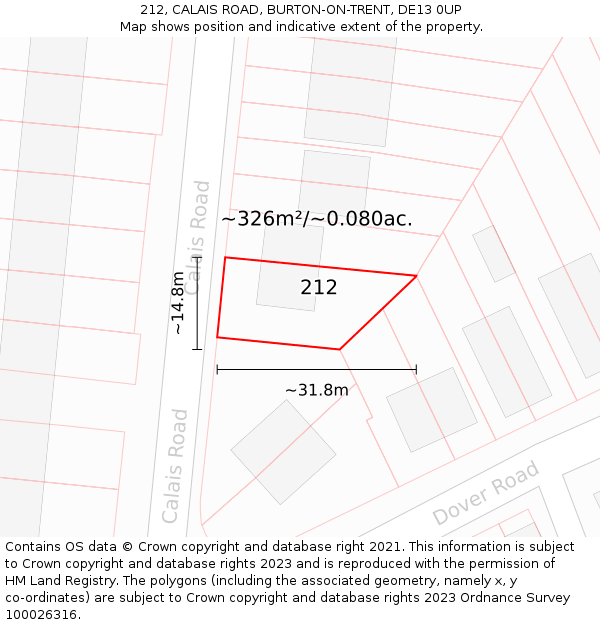 212, CALAIS ROAD, BURTON-ON-TRENT, DE13 0UP: Plot and title map