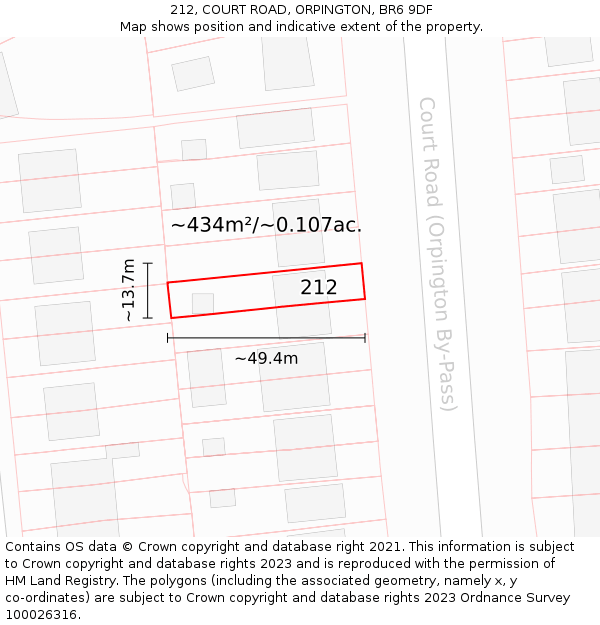 212, COURT ROAD, ORPINGTON, BR6 9DF: Plot and title map
