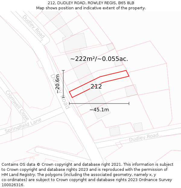 212, DUDLEY ROAD, ROWLEY REGIS, B65 8LB: Plot and title map
