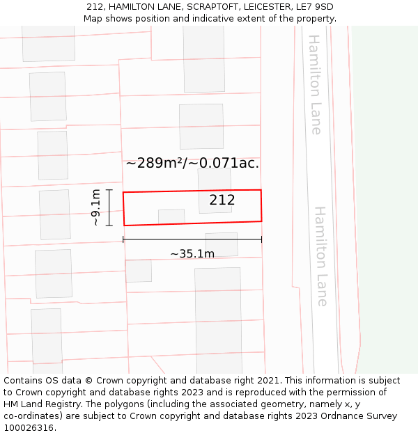 212, HAMILTON LANE, SCRAPTOFT, LEICESTER, LE7 9SD: Plot and title map