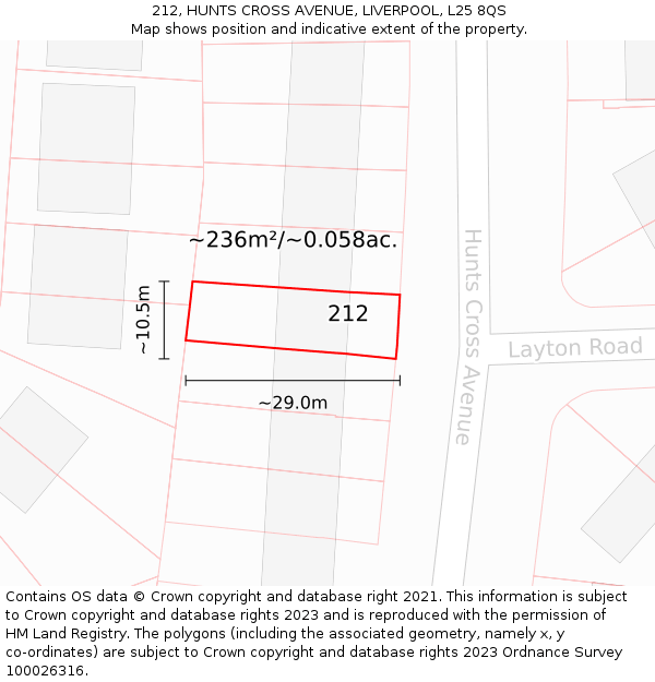 212, HUNTS CROSS AVENUE, LIVERPOOL, L25 8QS: Plot and title map